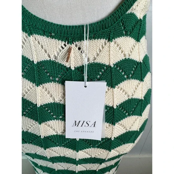 MISA Los Angeles Green Cream Crochet Maxi Dress Mermaid Fishtail Low Back  Size M